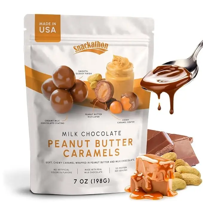 Snackathon Milk Chocolate Peanut Butter Caramels, Peanut Butter Topping with Caramel, Chocolate Covered, Glossy Finish, Sweet & Creamy Gourmet Candy, Made in USA
