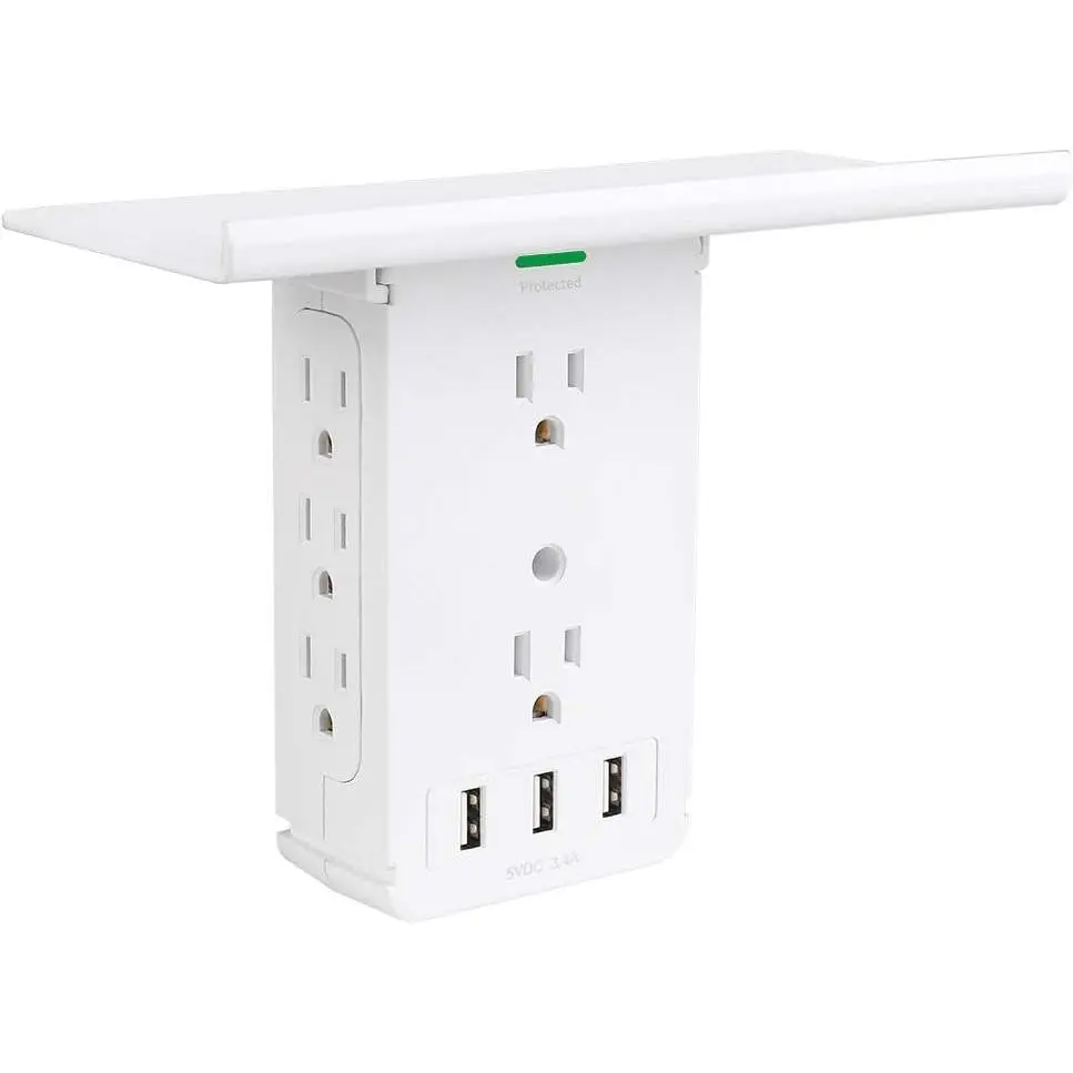 Power Charger Shelf- 11 Port Surge Protector Wall Outlet, 8 Electrical Outlet Extenders and 3 USB Ports 3.4A, with Removable Built-in Shelf and LED , FCC Listed, White