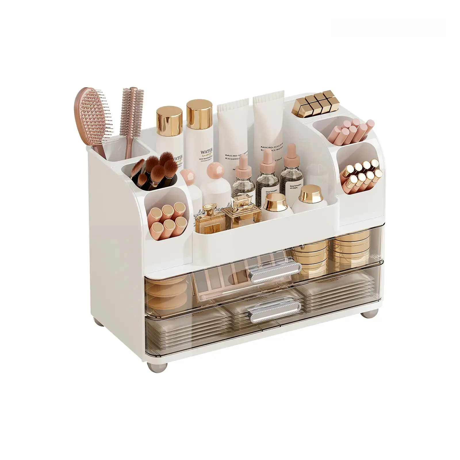 Makeup organizer for Vanity with 2 Large Drawers, Cosmetic Display Case with Brush Holders, Easy to Storage for Bathroom Countertop Skincare, Desk Office Supplies,Pink Boxes Gift, jewelry organizer