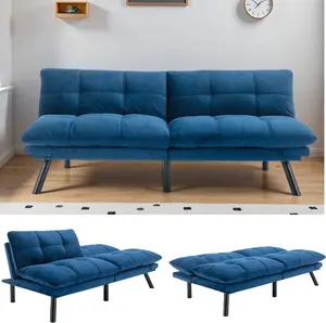 Modern Velvet Convertible Folding Futon Couch Sofa Bed Adjustable Pillow Top Arm Memory Foam Couch Double Loveseat Sofa for Compact Living Space,Dorm,Game Studio,Apartment,Bedroom (Navy Blue)