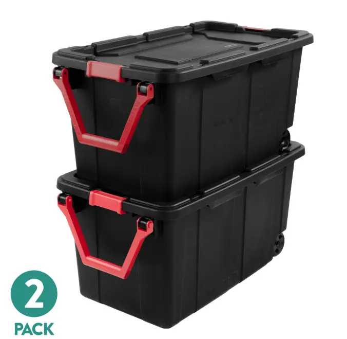 Sterilite Extra-Large Wheeled Industrial Storage Bin, 40 Gallon Durable Plastic Storage Tote with Latching Lid and Pull Handle, Black, 2 Pack