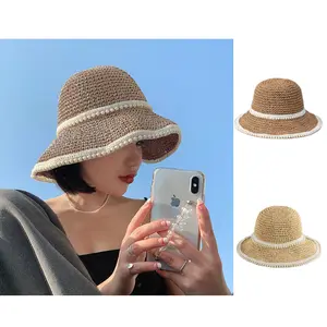 Women's Hat Woven Pearl Straw Hat Summer Sun Protection Sunshade Summer Beach Vacation Foldable Fisherman Sun Hat