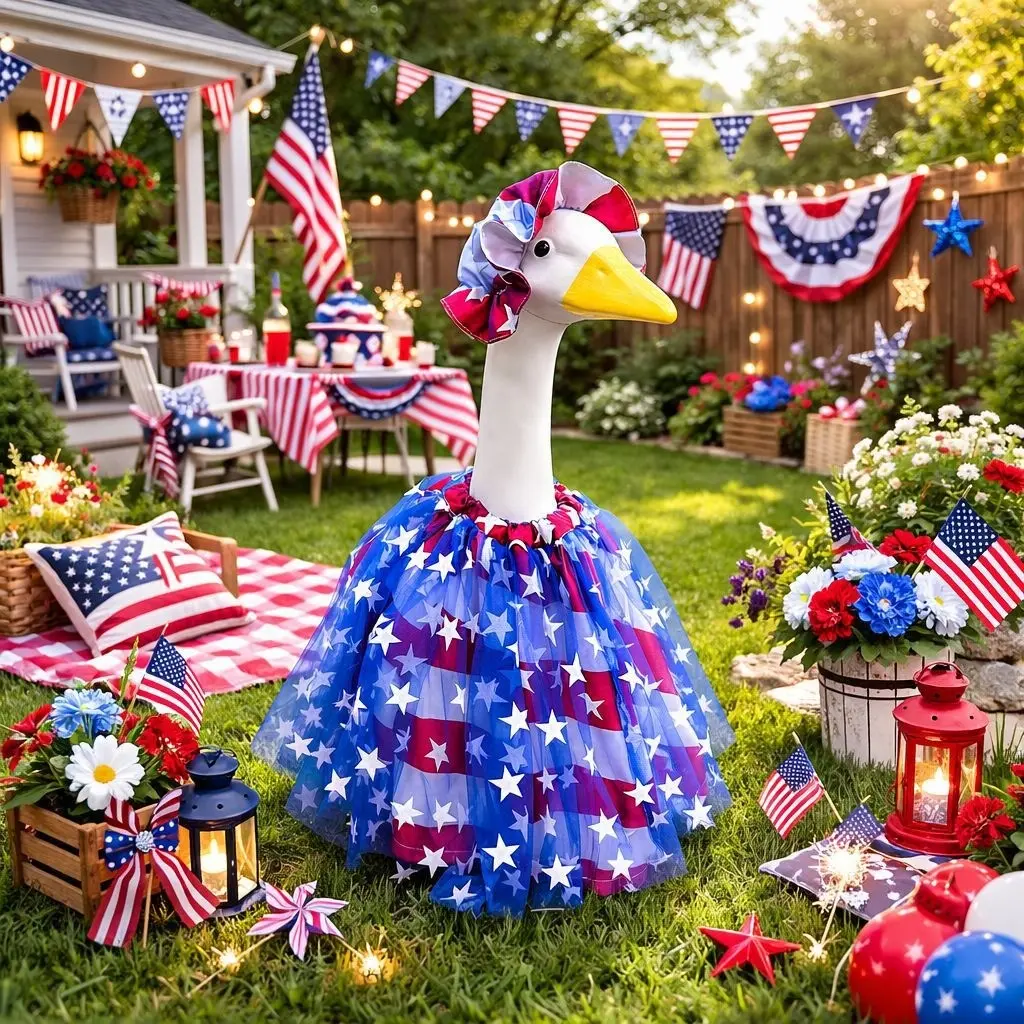 Independence Day Porch Gnome Costume, Sheer Dress Set, Puff Skirt Hat, Fun Garden Festival, Outdoor, Statue and Clothing