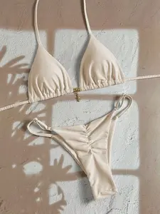 Solid Halter Metal Pendant Thong Bikini Set - Sexy Spring Break Beach Swimwear