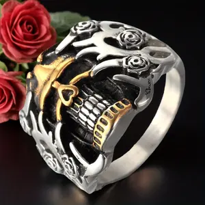Fashionable and Domineering Hip-hop Exquisite Carving Skull Pattern Men's Stainless Steel Ring Motorcycle Rock Party Accessories Witchy Jewelry