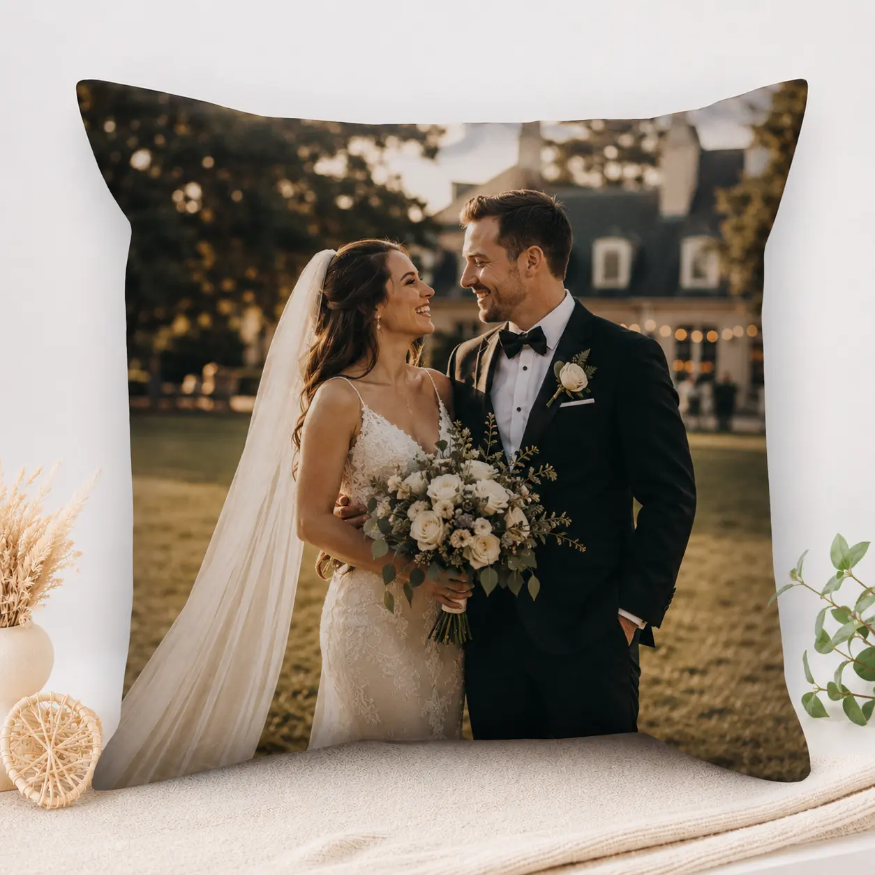 Customizable Wedding Printing Photo Cushion Pillow - 2 Sizes (15.7×15.7in/40×40cm, 18.1×18.1in), Durable 100% Cotton Drill Cover with Hidden Zipper, Soft Double-Sided Polyester Filling, Easy-Clean Cotton Home Decor Keepsake for Couples