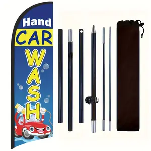 Hand Car Wash Shop Flag, Polyester Advertising Flag with Flag Pole and Ground Stake, Outdoor Promotion Banner Decoration