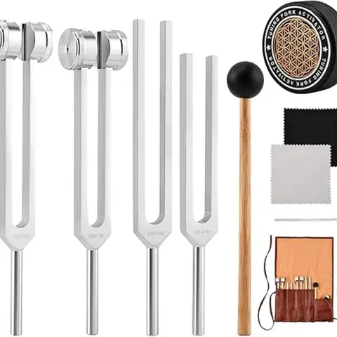 128 Hz, 136.1 Hz, 256 Hz, 384 Hz Tuning Forks & Mallets Set, Hex Key Included, Cleaning Cloth, Activator, Leather Bag, Silver Color Base, Standard Shapes Forks