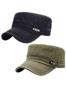 2Pack Unisex Cadet Army Cap Adjustable Flat Top Cap Washed Military Hat Baseball Cap