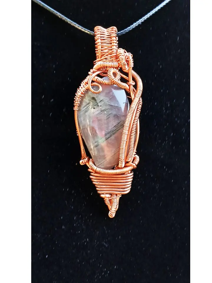 Pink Labradorite Natural Gemstone Copper Wire Wrap Pendant