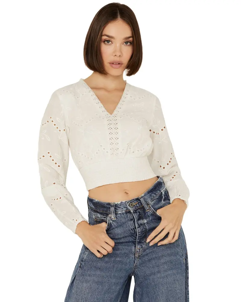 Shyanne Women's Smocked Waist Long Sleeve Crop Top - Swsp24w75-Wht