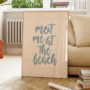 meet me at the beach print trendy coastal wall art blue typography poster beachy house decor ocean wall art girly aesthetic decor printables