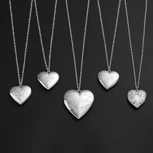 Unique Silver Color Po Frame Pendant Necklace Carved Designs Heart-shaped Openable Locket Necklace Family Jewelry Gift