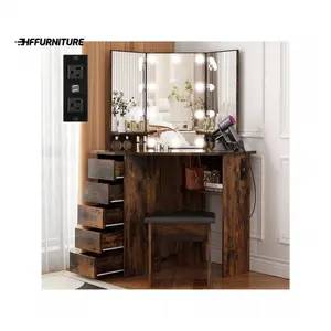 New 2024  VOWNER Corner Makeup Outlet Vanity Desk Mirror Lights 3 Color Brighess Adjustable With 5 Sliding Drawers And Stool For Girls Women Home Decor Ideas
