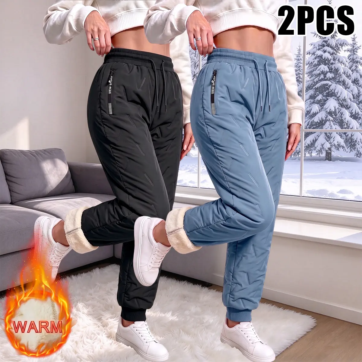 JOGWAVE Women’s Basic Loose Fleece-Lined Casual Straight-Leg Pants (2PCS) - Drawstring Elastic Waistband, 2 Pockets, Solid Color Woven Polyester Bottoms for Casual Outfits