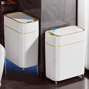 2-Pack Automatic Bathroom Trash Can with Lid, Slim Motion Sensor Garbage Can,  Touchless Trash Bin,  Trashcan for Bedroom, Living Room, Narrow Space, 2.3 Gallon, White+ Trim