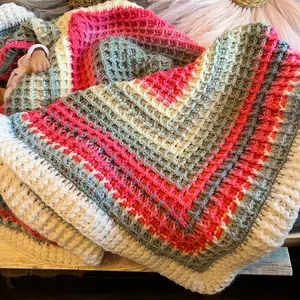 Handmade Crochet Baby Blanket, Pink White Gray, Waffle Stitch