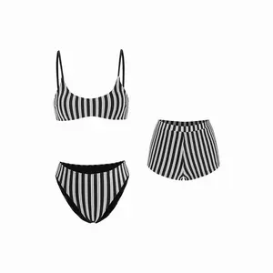 Cider Terry U-neckline Stripe Bracelet Bikini Set & Cover Up Shorts