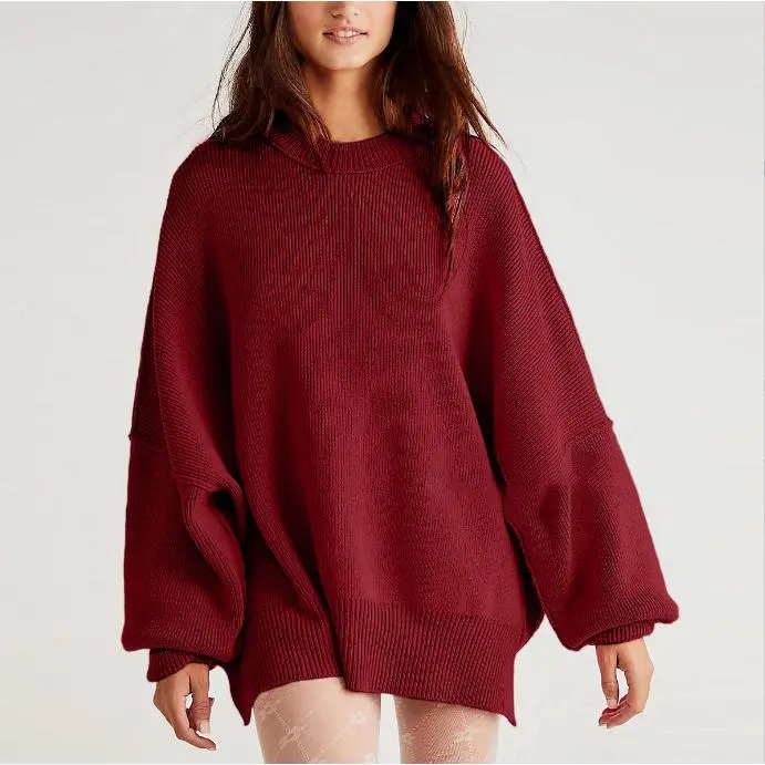 2025 Hot-Selling Women's Round Neck Batwing Long Sleeve Sweater Knitted Side Slit Pullover