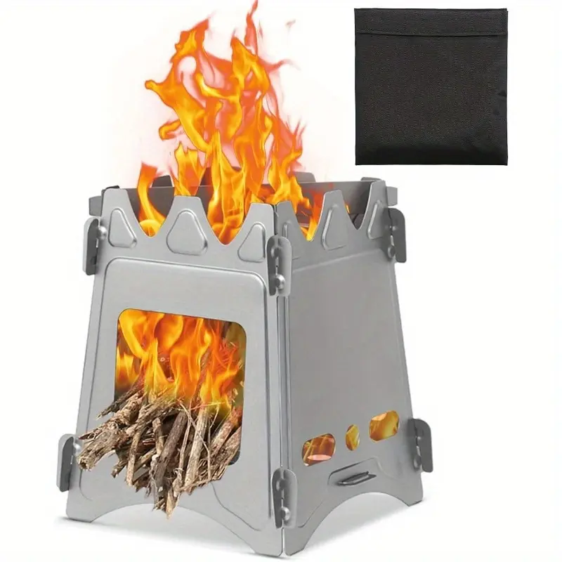 1 Portable Wood Burning Camp Stove - Tent Compatible Open Fire Pit, Lightweight Foldable Backpacking Stove with Firewood Rack And Vents, Durable Stainless Steel Construction for Camping, Hiking, Hunting, BBQ, Survival