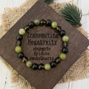 Shungite Epidote Smoky Quartz Bracelet – 8mm Bohemian Stone Beaded Jewelry, Negativity Protection, Abundance Prosperity, Christmas Gift for Friends Family, Daily Wear