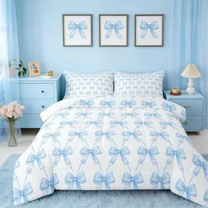 Blue Bow Comforter Set,Cute Bowknot Bedding Set,Boys Girls Kawaii Comforter for Kids Women Men Bow and Stripes Duvet Set,