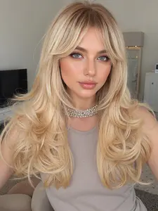 22 Inch Long Curly Wig with Bangs, Deep Rooted Synthetic Hair, Natural Look, Easy Maintenance, Suitable for All Ages, Body Wave Wig