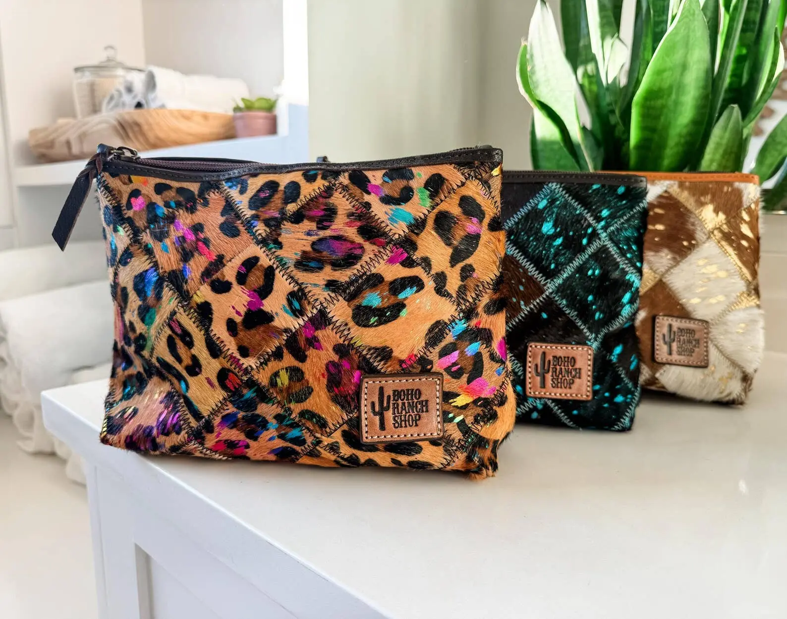 Checkered Western Cowhide Makeup Bag Travel