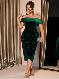 Plus Size Women's One Shoulder Velvet Chic Elegant Formal Cocktail Dress, Sleeveless Sexy Party Gown, Slim-Fitting Wedding Prom