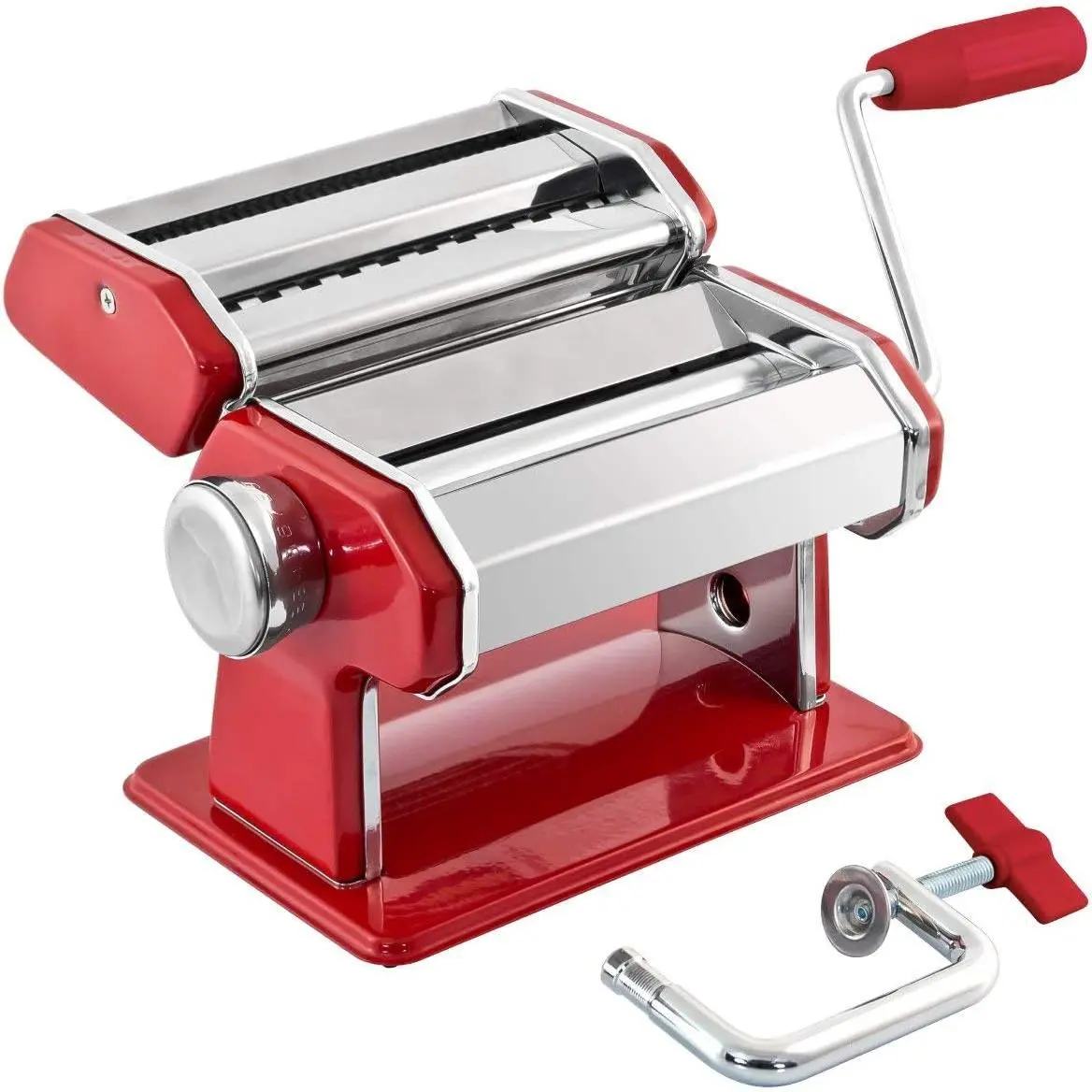 Stainless Steel Manual Pasta Maker Machine | With Adjustable Thickness Settings |  for Professional Homemade Spaghetti and Fettuccini | Includes Removable Handle and Clamp (Red)