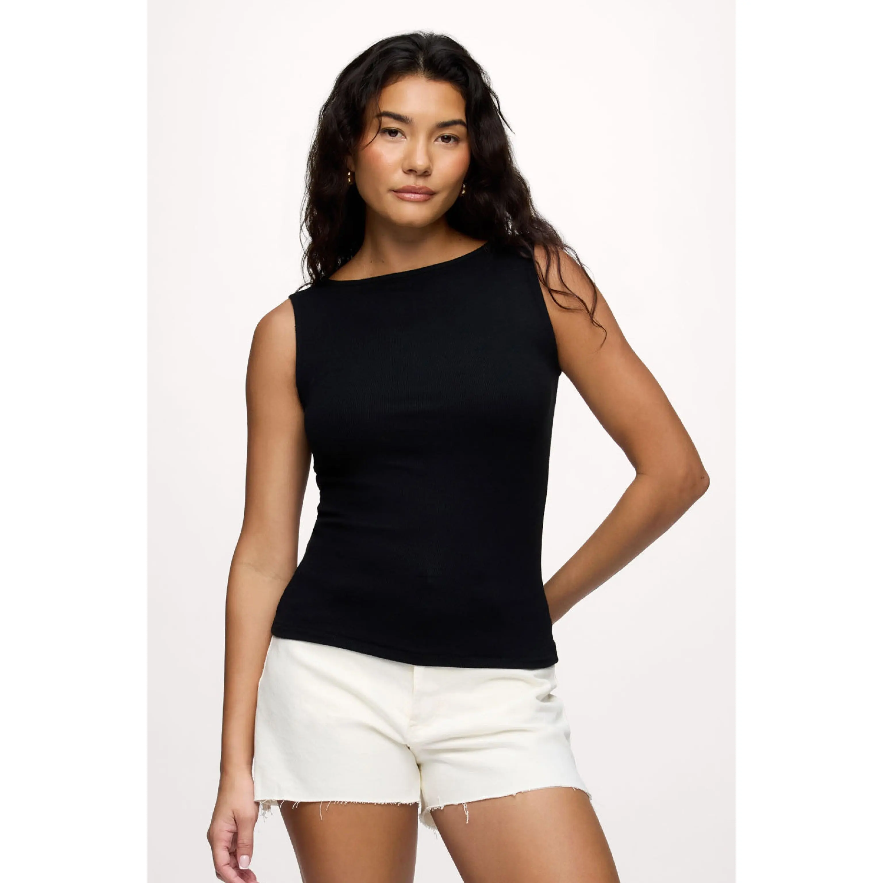 nuuds Slinky Rib Boatneck Tank | Stretch Jersey Sleeveless Fitted Top with Bra-Friendly Coverage