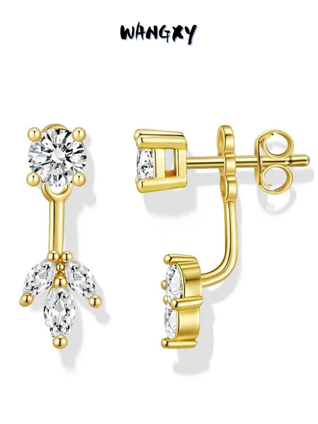 WANGXY 14K Gold Plated Cubic Zirconia Ear Jacket Statement Earrings for Women | Front & Back Stud Earring Jackets