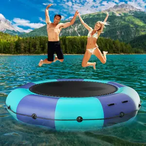 Inflatable Water Trampoline, 6FT/10FT/12FT/15FT Recreational Water Bouncer Inflator, Rope Ladder, Mooring Ropes, Anchor, Adults Youth Bounce Swim Platform for Lakes, Pools