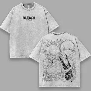 Bleach Ichigo x Rukia Anime Washed Tee, Vintage Streetwear Graphic T-shirt, Unisex Cotton Loose-Fit men's t shirts, Gift for Anime Bleach Fan Merch summer outfits
