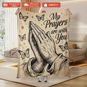 Condolence Funeral Gift - Praying Hands and Butterfly Soft Flannel Memorial Blanket, "My Prayers Are with You" - Tear-Resistant All-Season Shawl, Suitable for Mothers, Fathers, or Pets Who Have Passed Away - Beige and Black Funeral Memorial Item - 280g/m²
