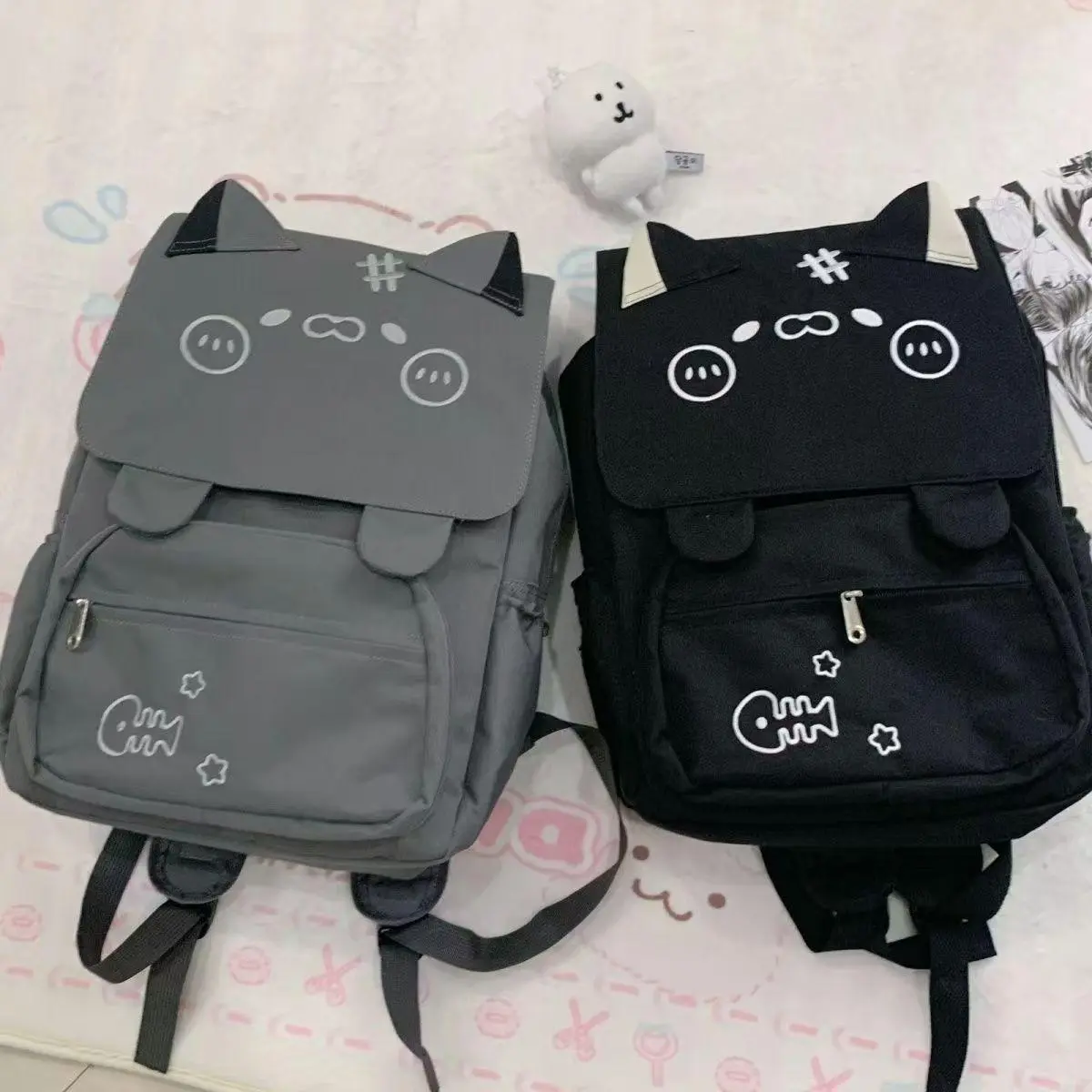 Cute Kitten Backpack Harajuku Kawaii Fish Cat Print Student School Bag Men Women Cartoon Popular Large Capacity Travel Backpack