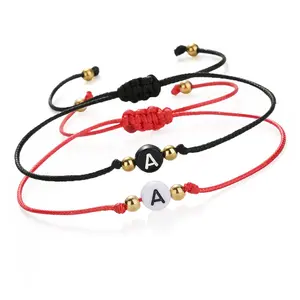 Pulsos de Hilitos Rojos and Negros with Initials - Black and Red Cord Bracelets with Gold Beads and Letter A Charm Unisex Jewelry