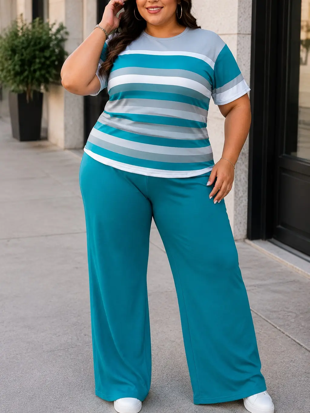 Women’s Plus-Size Striped 2-Piece Loungewear Set, Crew-Neck Short-Sleeve Top & Straight-Leg Pants, Comfortable Close-Fitting Multi-Color Outfit for Parties, Workouts (Party Supplies Accessory)