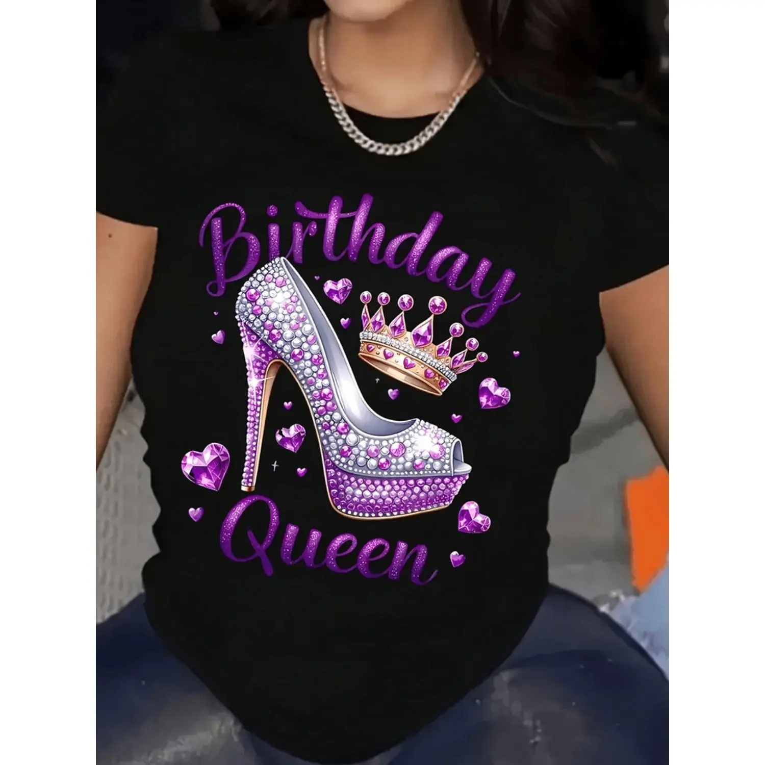 Birthday Queen Graphic Tee - Women’s Casual Round Neck T-Shirt with Sparkling Purple High Heel & Crown Design, Black Polyester Blend Top for Birthday Celebrations, Birthday Celebration Apparel | Queen Themed Top | Glossy Finish