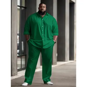 Men's Plus Size Casual Suit Set - Polyester Lapel Shirt with Slight Stretch, Solid Color Woven Bottoms, Regular Fit Elastane Clothes Pants Tops Long Sleeve Black Menswear Collar Gamis Trouser Sweat