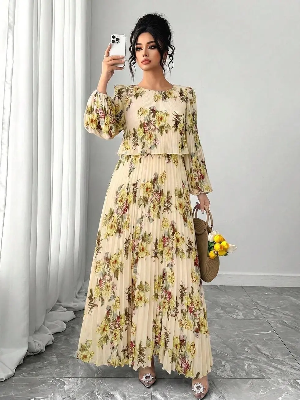 Plus Size Brown Pleated Chiffon Long Sleeve Dress,Autumn Elegant Modest Lantern Sleeve Evening Gym Tea Party Wedding Women Dress Fall