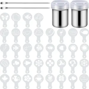 72 Pieces Coffee Decoration Stencils Latte Art Template Coffee Mold Tool with 2 Latte Art Pens 2 Dusting Jars Mesh Powder Shaker for Cake Cookie Decorating Oatmeal Cappuccino Hot Chocolate