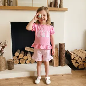 2Pcs Toddler Girls Easter Outfits Short Sleeve Crew Neck Bunny Embroidery Tops and Elastic Waist Plaid Shorts Set