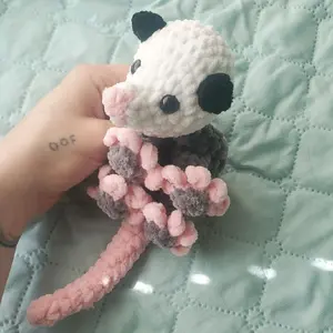Crochet Opossum Snuggler, Handmade Soft Plushie, Flat and Flexible