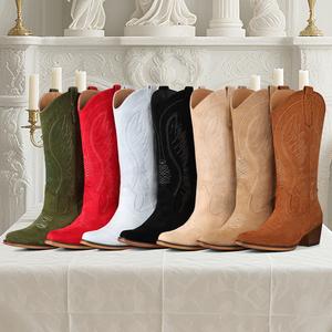 FIORALIE Cowboy Boots for Women Embroidered Pointy Toe Mid Calf Chunky Heel Western Cowgirl Boots Fashion Pull-on Comfort Botas, Shoes For Women, Women's Shoes