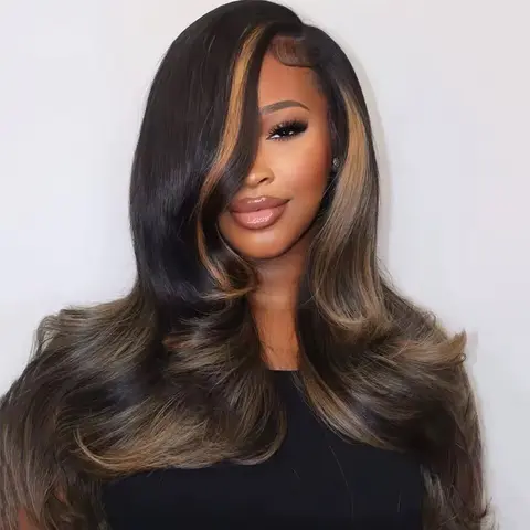 P1B/30 Brown Highlight Lace Front Human Hair Wig Body Wave Ombre Colored Brown Highlight Wig Human Hair HD Transparent Lace Frontal Wig With Baby Hair Pre Plucked Balayage Wig For Woman