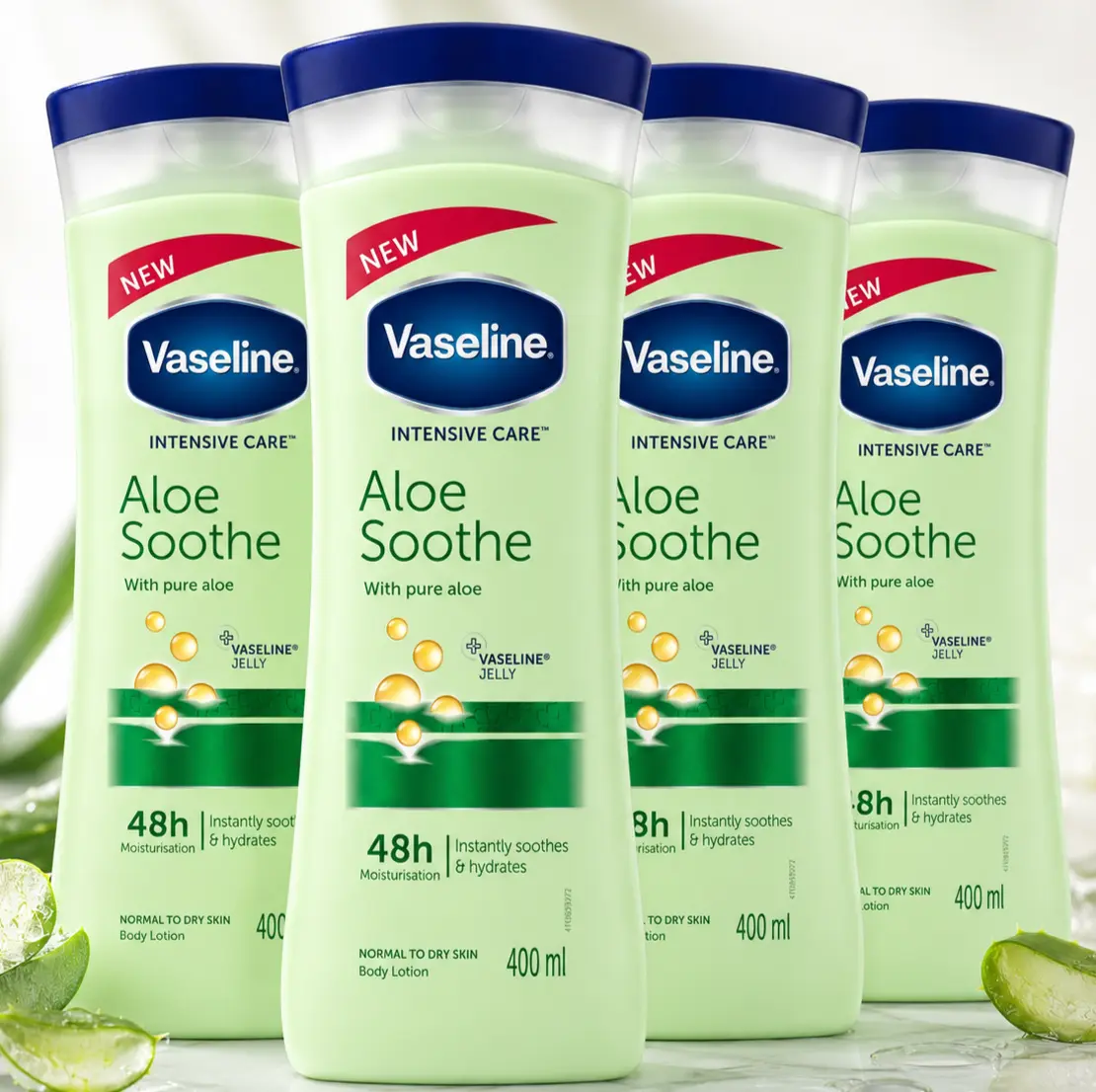 Vaseline Intensive Care Aloe Soothe Body Lotion Value Bundle (400ml/13.5oz Multipack Set) - Body Care, Lightweight Gentle Formula with Pure Aloe & Vaseline Jelly, 48h Moisturizer for Normal to Dry Skin, Restores Hydration, Subtle Scent, Moisture