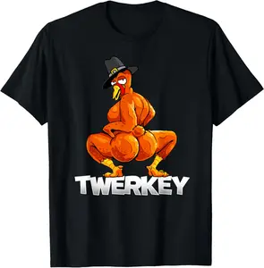 Twerkey Twerking Turkey Pilgrim Thanksgiving Twerk Turkey T-Shirt Pure Cotton Graphic Tees Menswear Top: Gifts for Men & Women