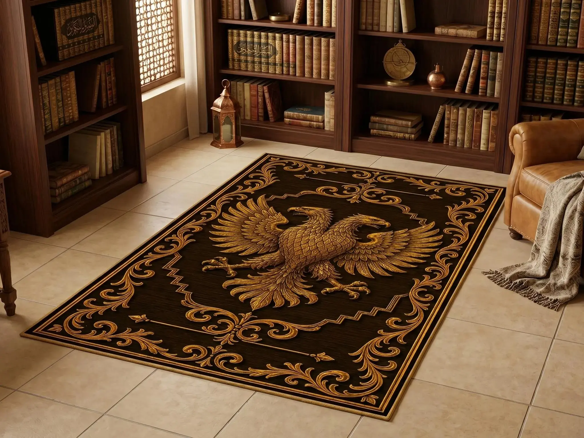 Double Headed Eagle Gold Area Rug, Imperial Heraldic Carpet, Dark Academia Household Textile Decor