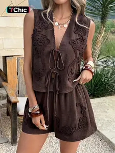 Women's V Neck Lace-Up Sleeveless Crop Top & Shorts Set, Casual Loose Fit Plain Design, Daily Wear Two-Piece Womenswear